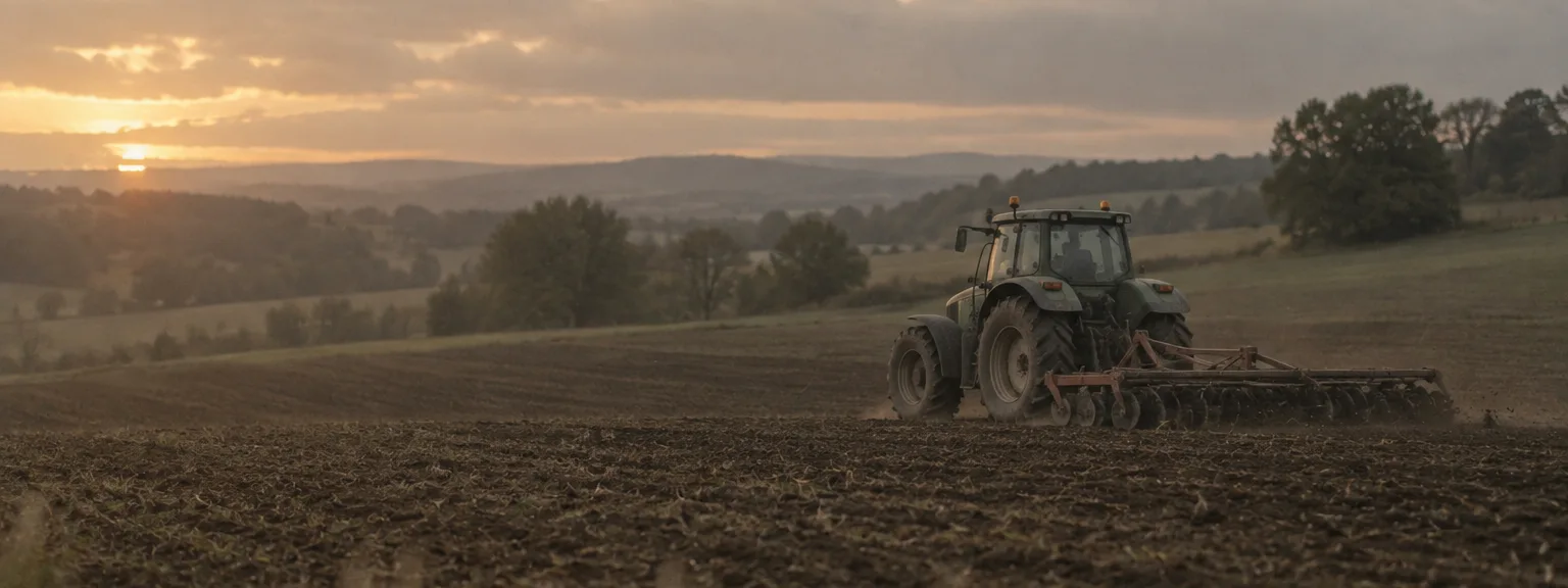 Un tracteur au travail dans un champ, en fin de journée.