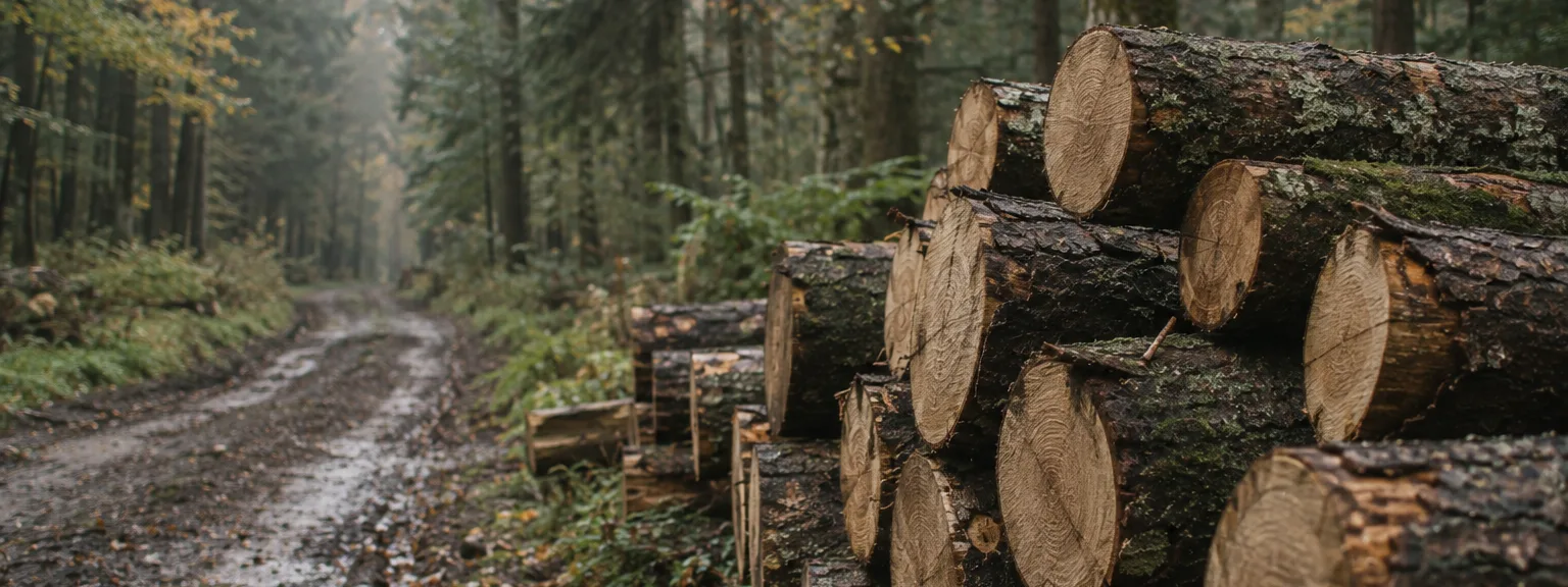Des grumes empilées au bord d'une piste forestière.