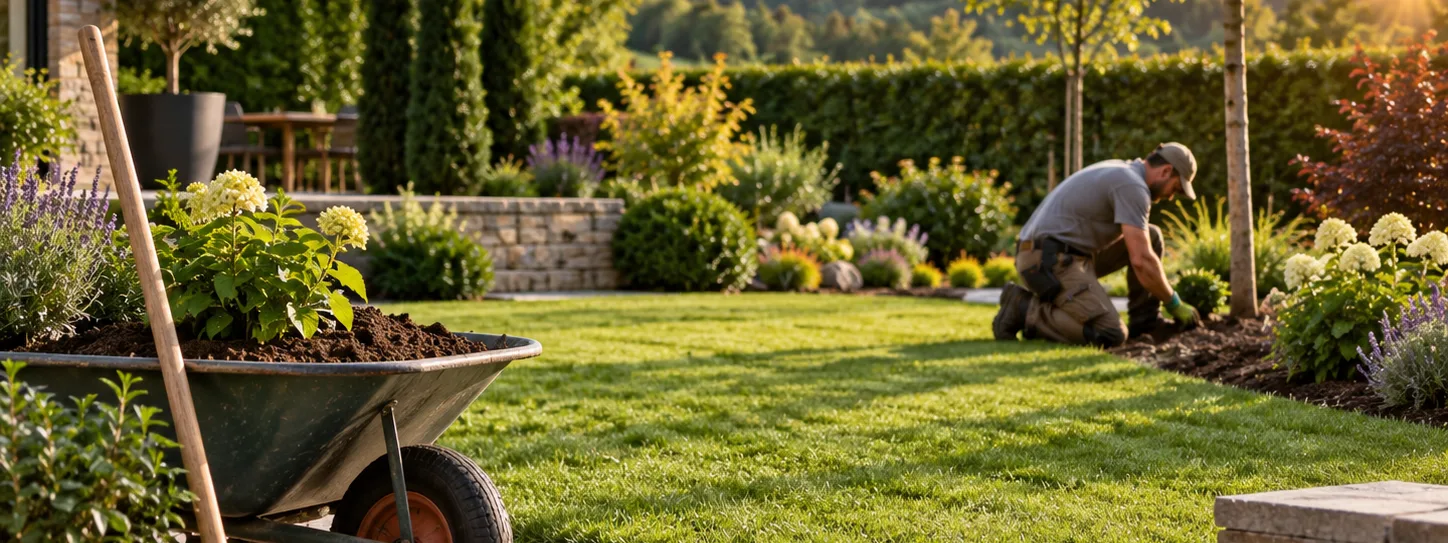 Un paysagiste au travail dans un jardin en fin de journée.