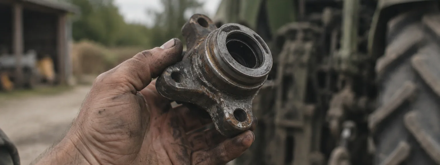 Une main tenant une pièce mécanique usée devant une machine agricole.
